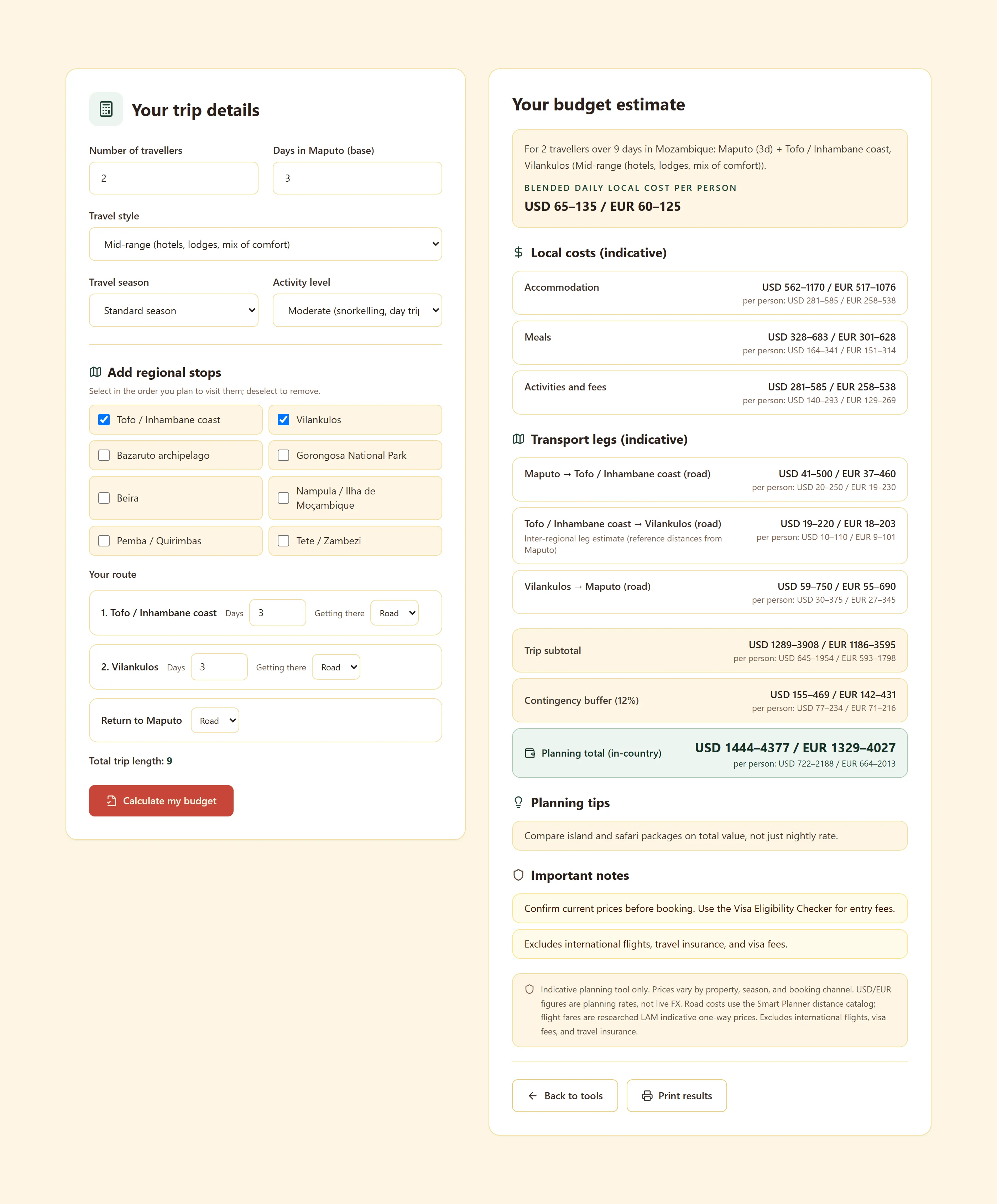 In-country cost calculator
