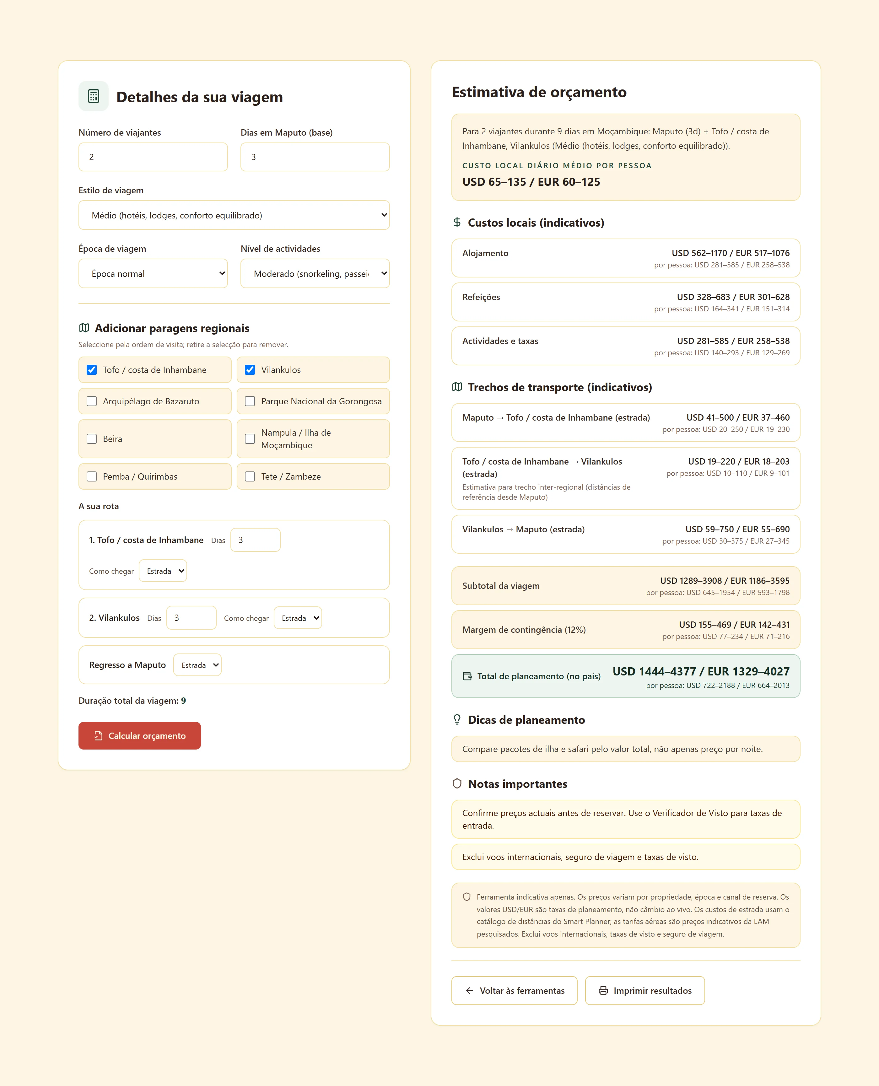 Calculadora de custos no destino