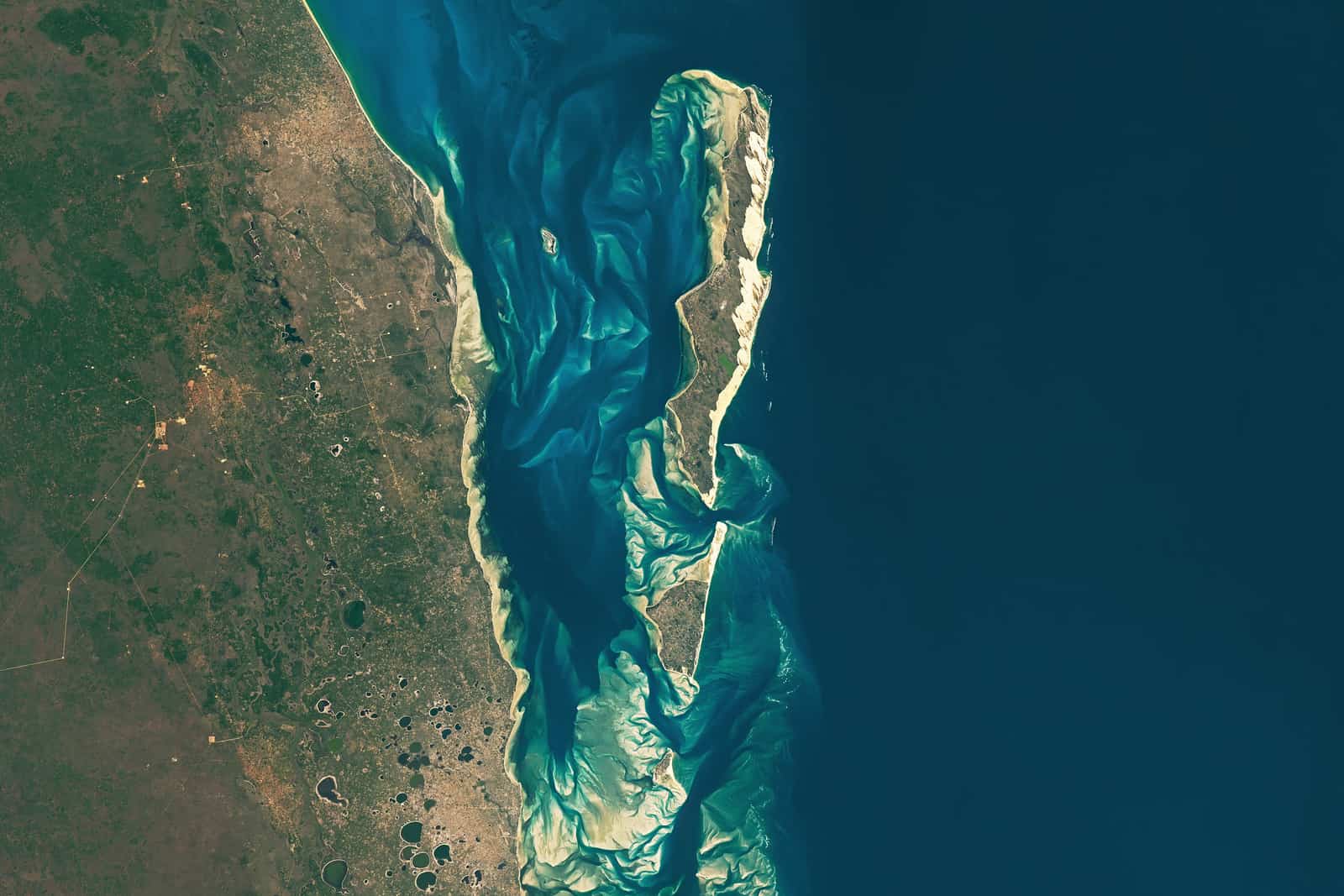 Satellite view of Bazaruto Archipelago channels and sandbanks